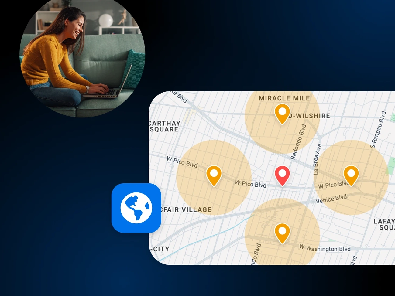 Woman working on laptop with a map showing local SEO location markers and coverage areas on screen.