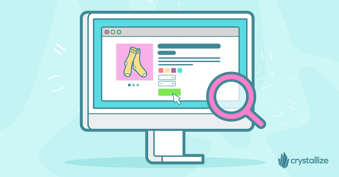 Illustration of an eCommerce product page on a computer screen with a magnifying glass highlighting SEO basics.